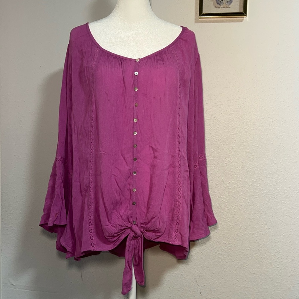 GNW Magenta Bell Sleeve Tie Front Top‎